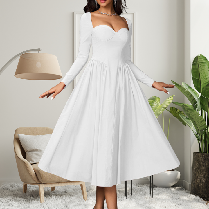 Women's elegant heart neckline long sleeve maxi dress. A-line silhouette, perfect for ladies fashion and evening wear.