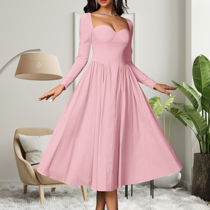 Chic women's heart neckline long sleeve maxi dress. An elegant A-line design, versatile for formal or casual styling.
