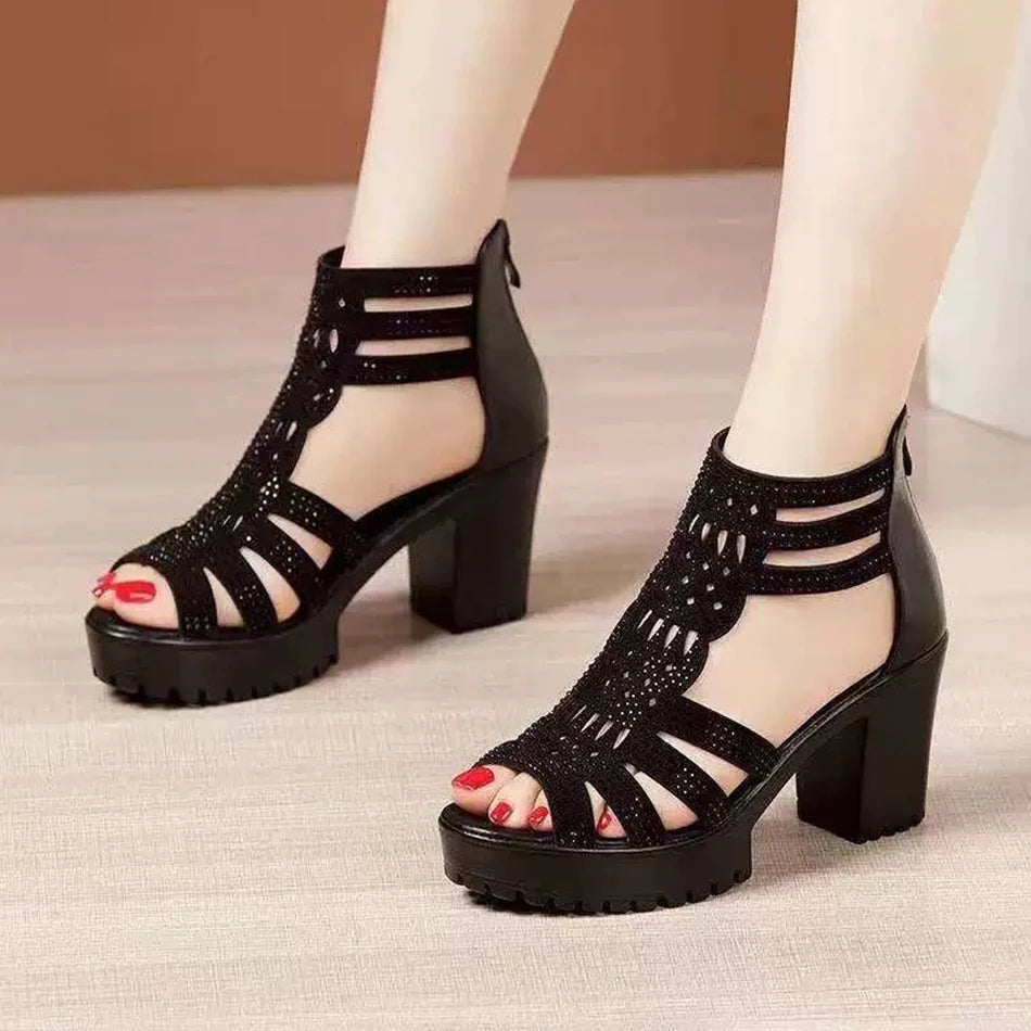 Stylish women's comfortable heel sandals. Versatile elegant footwear for evening parties, formal events & fashion.