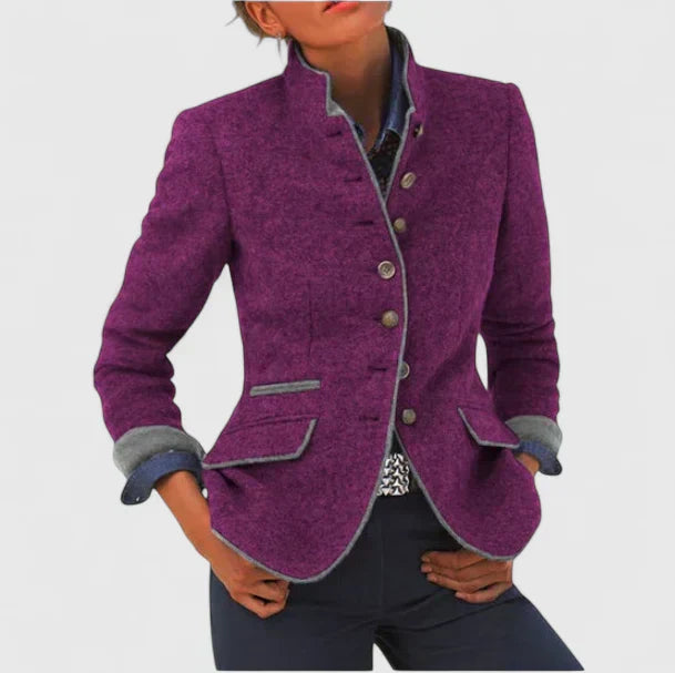 Elegant women's high collar cardigan. Long sleeve, comfortable, chic fall winter top for versatile layered fashion.