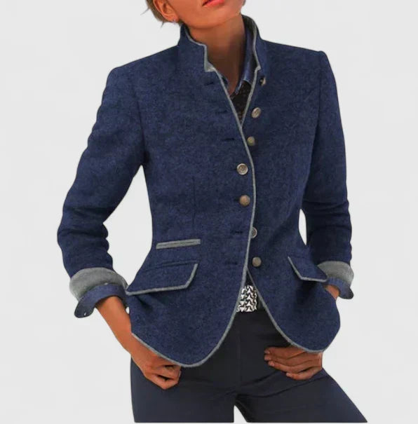 Stylish women's high collar cardigan. Elegant long sleeve top offering versatile, comfortable wear for fall winter.