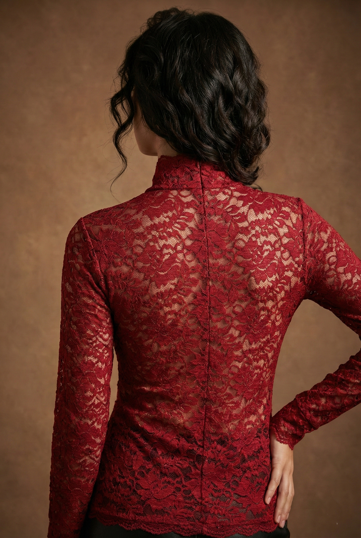 Stylish red floral high-neck blouse for women, featuring elegant long sleeves, ideal for evening fashion.