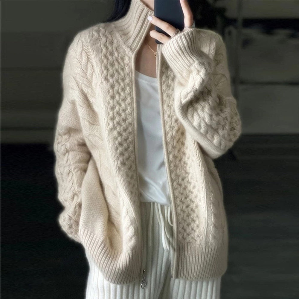 Elegant women's high neck knit cardigan, loose fit, open front, perfect for fall/winter layering and chic everyday style.