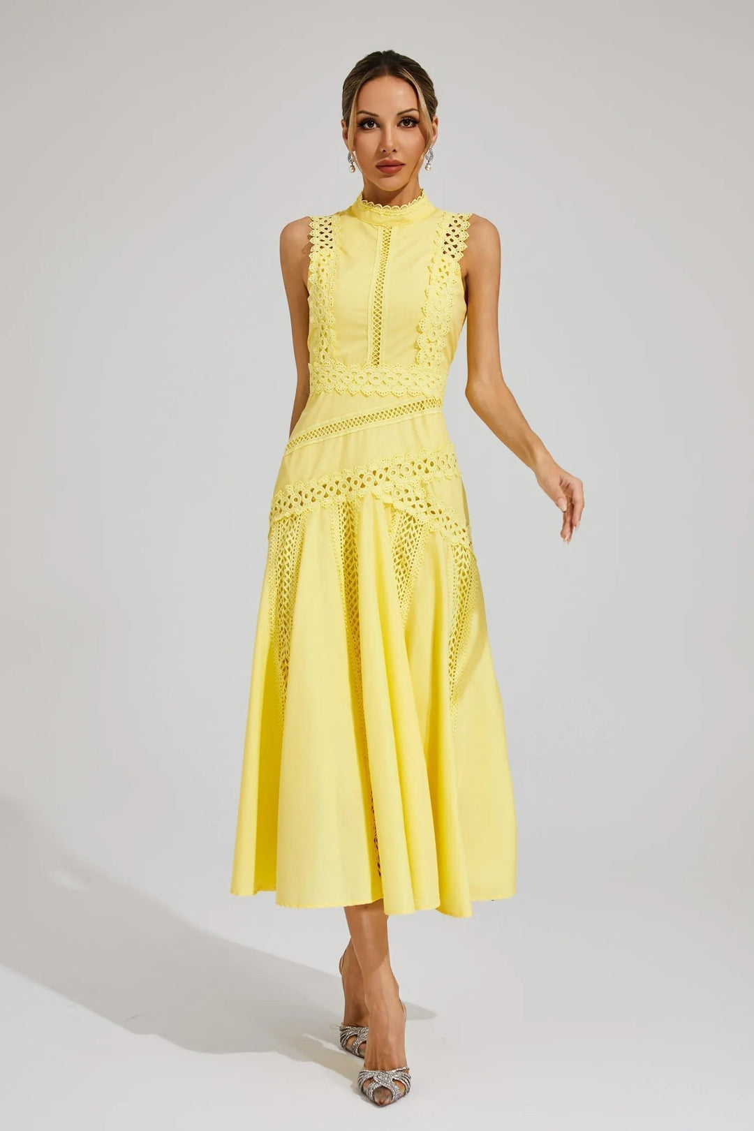 Elegant women's high neck lace midi dress, perfect for a wedding guest or summer special occasion.