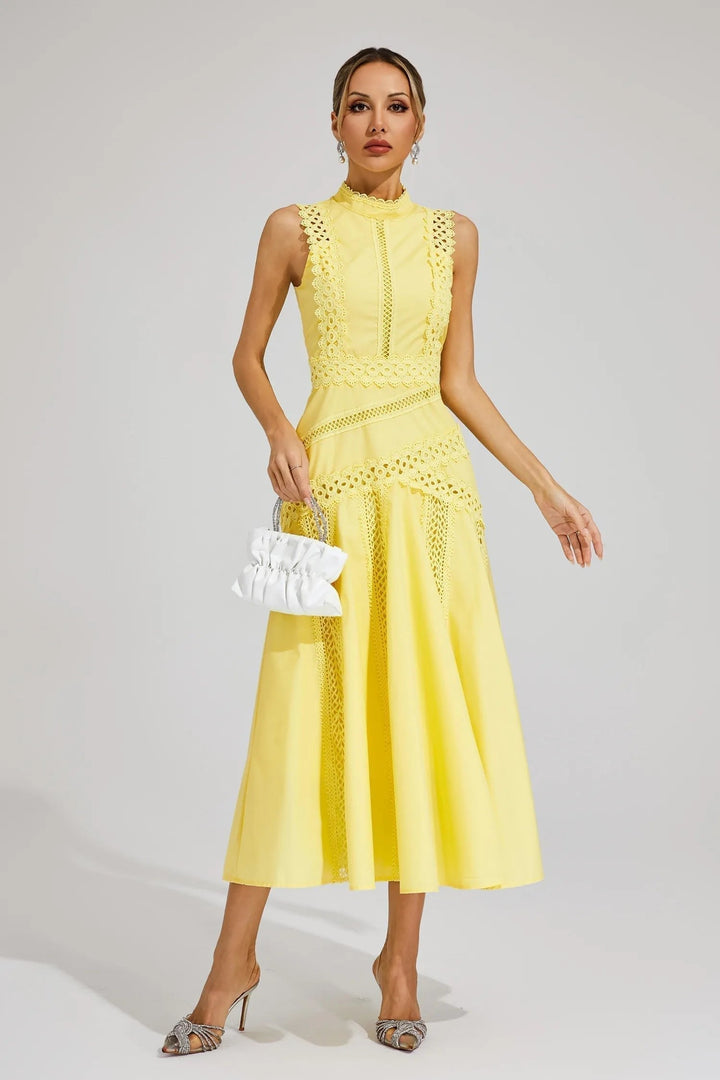 Formal high neck lace midi dress for women, an elegant choice for wedding guests & special occasions.