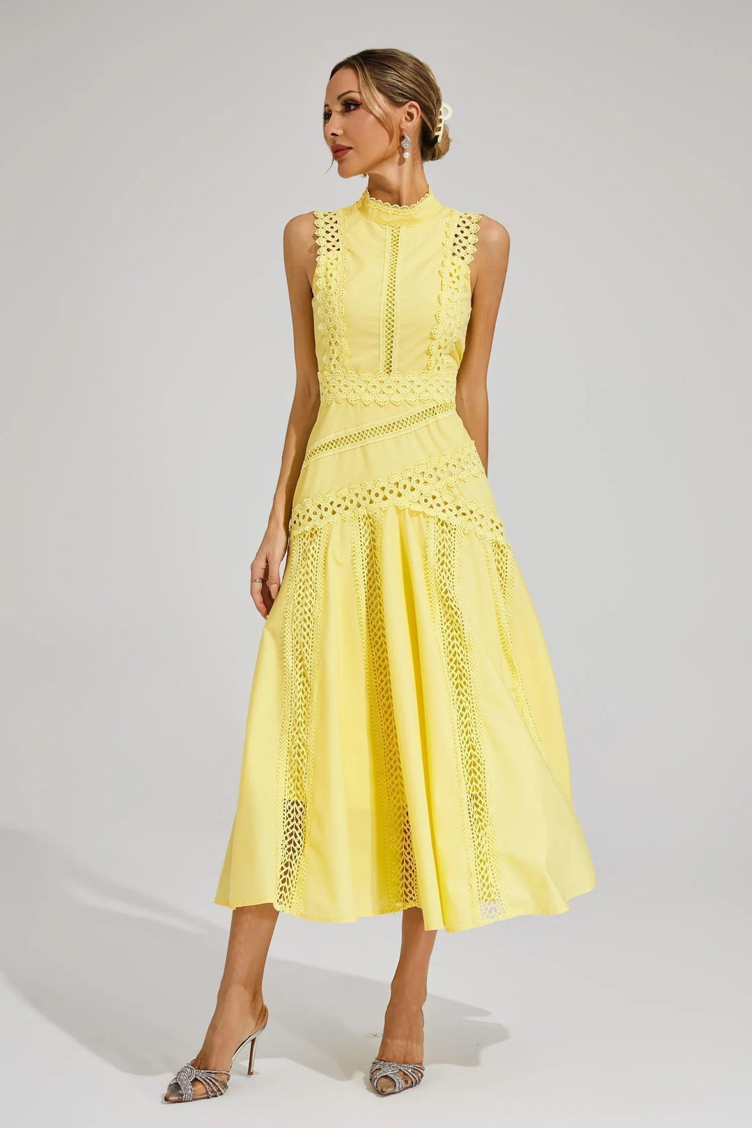 Sophisticated sleeveless high neck lace midi dress, elegant & chic for summer wedding guests.