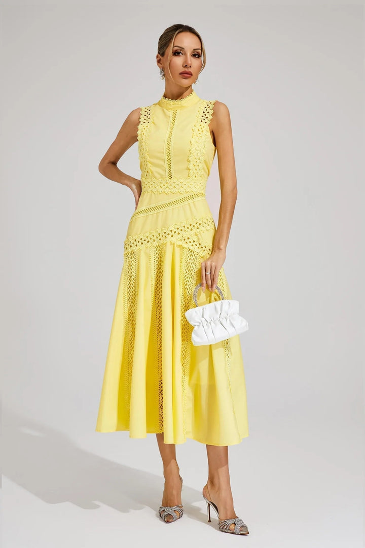 Beautiful lace midi dress with a high neck, elegant and flattering for women at summer wedding parties.