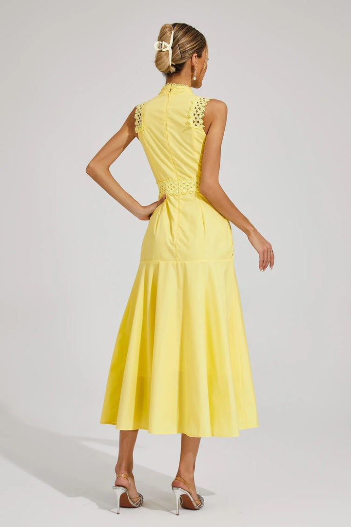 Women's elegant high neck midi dress with intricate lace detail, perfect for wedding guest attire.
