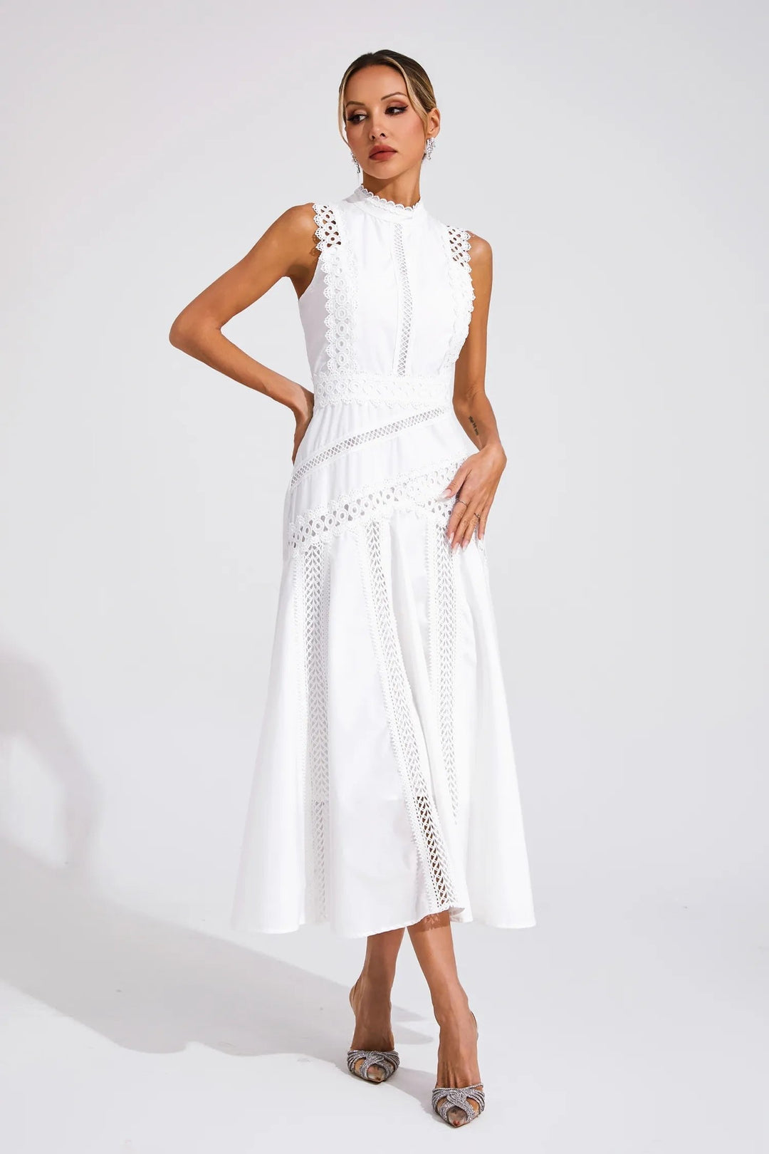 Stylish women's sleeveless lace midi dress, a formal and elegant option for any special occasion or wedding.