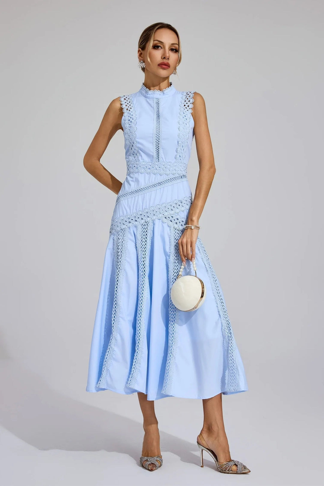 Elegant women's high neck lace midi dress, ideal for wedding guests, parties, and summer events.