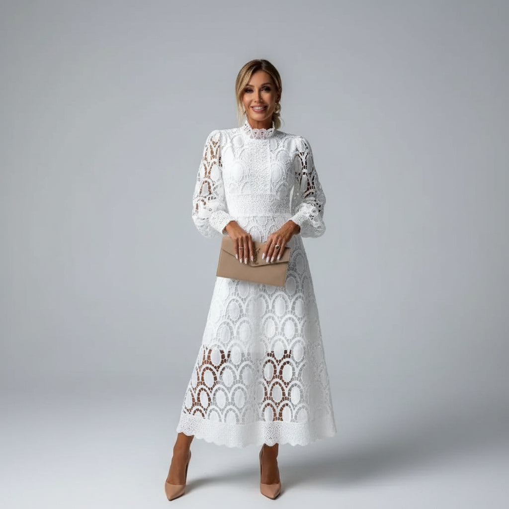 Elegant women's high neck lace midi dress with long sleeves, perfect for a wedding guest or formal evening.