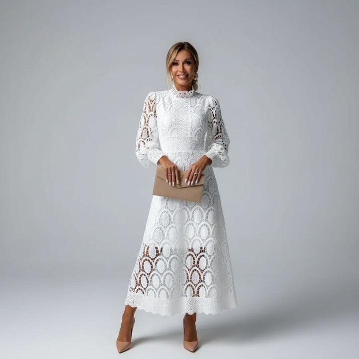 Elegant women's high neck lace midi dress with long sleeves, perfect for a wedding guest or formal evening.