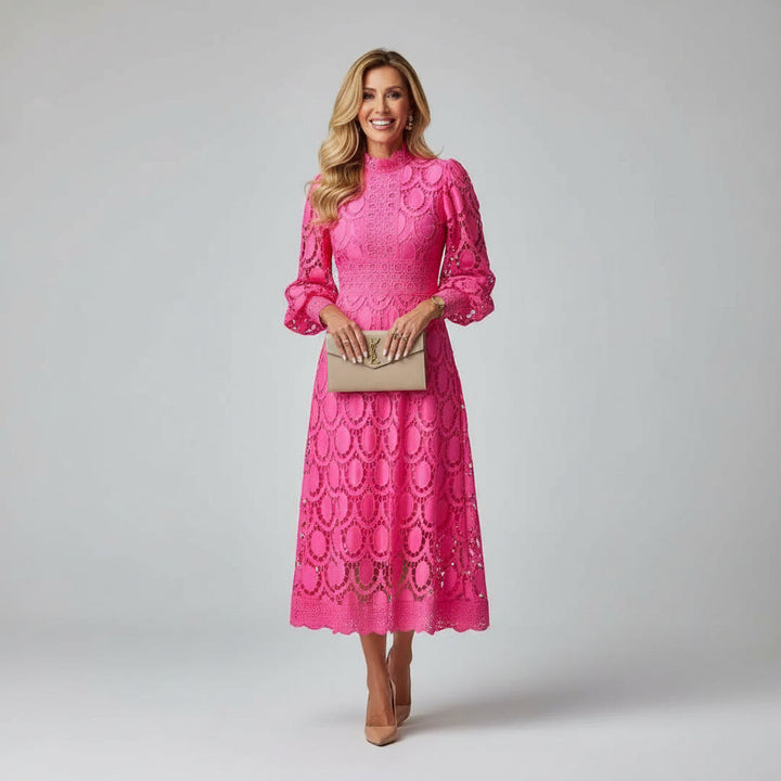 Sophisticated high neck lace midi dress for women. Features long sleeves & elegant design for special occasions.