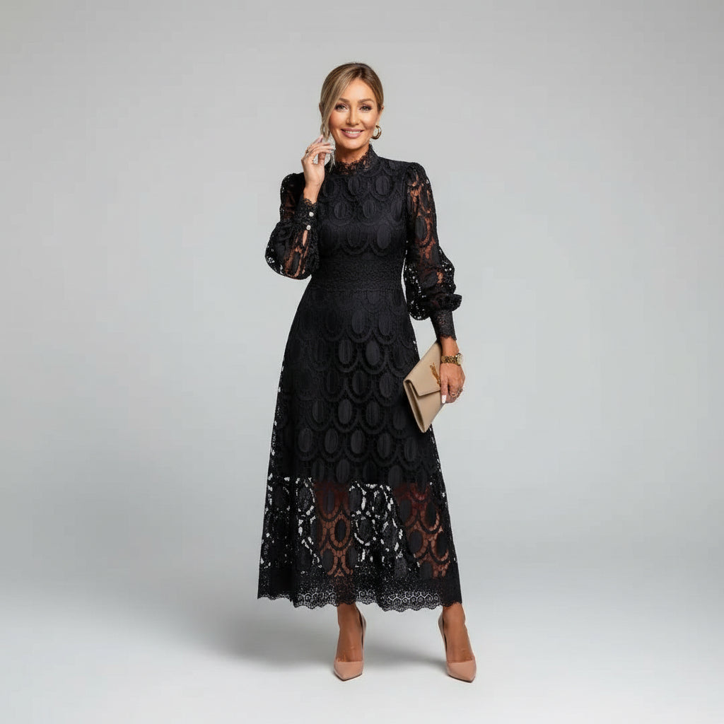 Formal women's midi dress in delicate lace, featuring a high neck & long sleeves. Ideal for wedding guests.