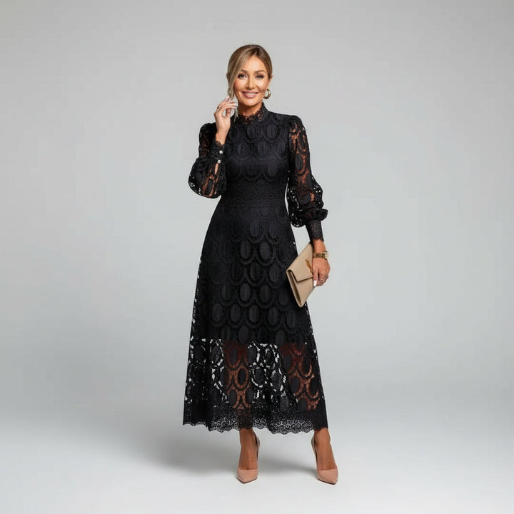 Formal women's midi dress in delicate lace, featuring a high neck & long sleeves. Ideal for wedding guests.