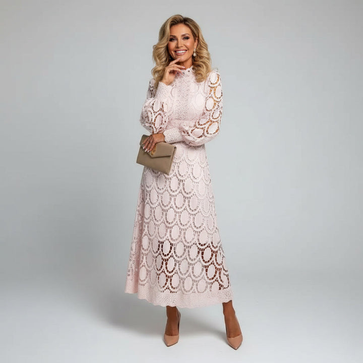 Stylish women's elegant lace midi dress with a high neck, long sleeves. A chic choice for formal or evening wear.