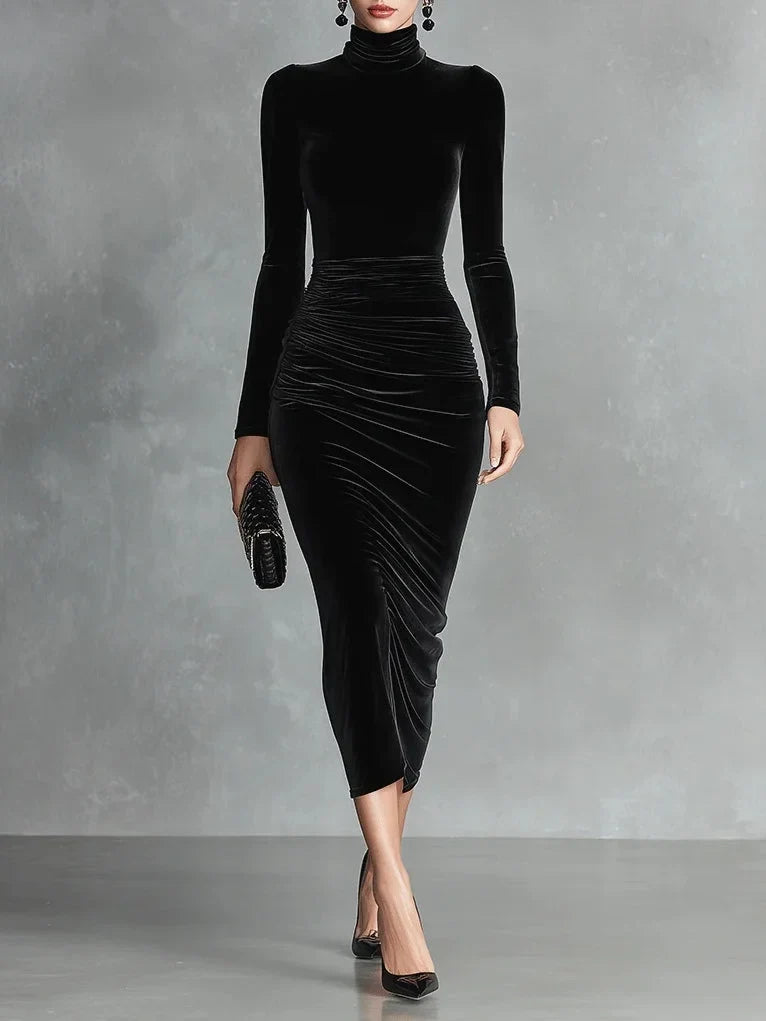 Elegant women's high-neck long-sleeve bodycon midi dress, perfect for party or evening wear. Slim fit, ruched details.