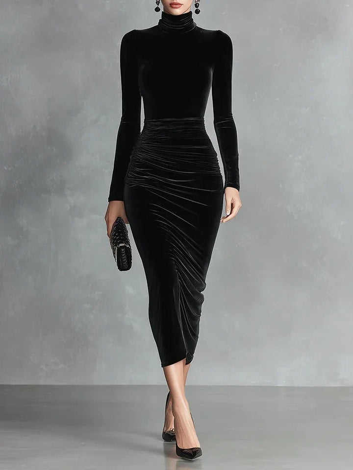 Elegant women's high-neck long-sleeve bodycon midi dress, perfect for party or evening wear. Slim fit, ruched details.