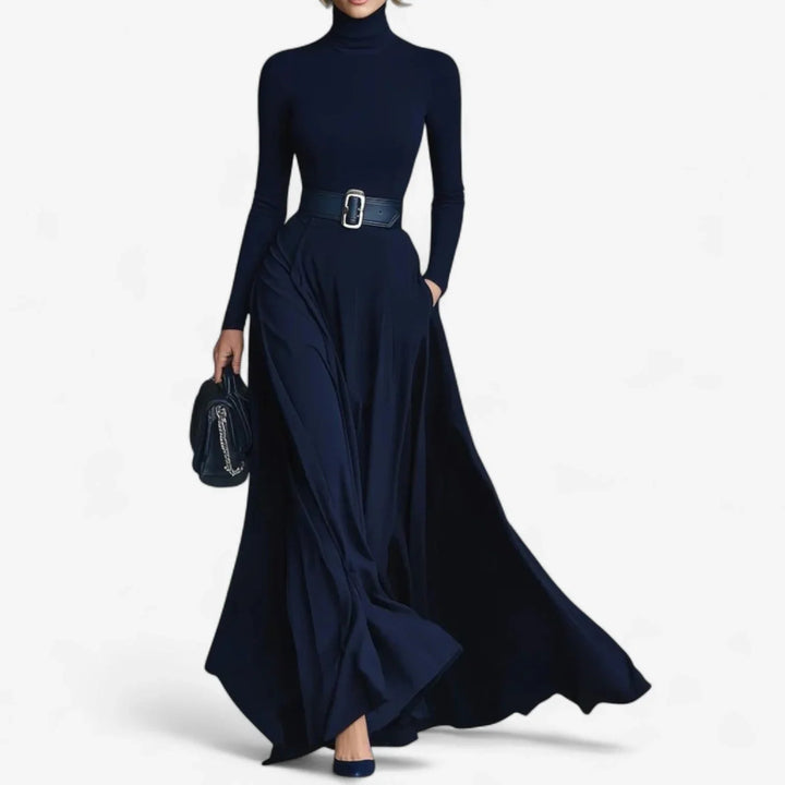 Elegant women's high-neck maxi dress with A-line skirt & matching belt, perfect for formal wear or modest fashion.