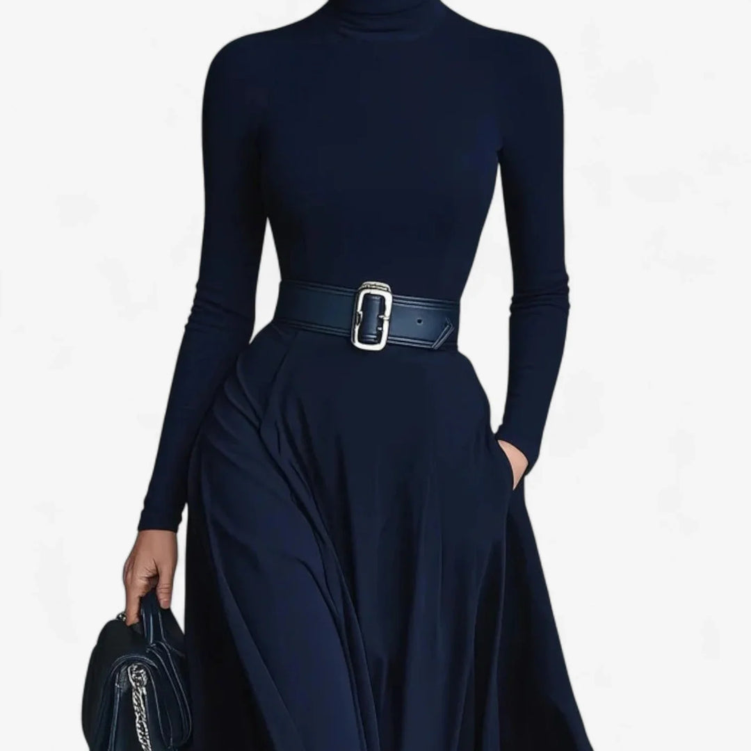 Versatile women's elegant high-neck maxi dress with flowy A-line skirt, long sleeves, and chic belted waist.