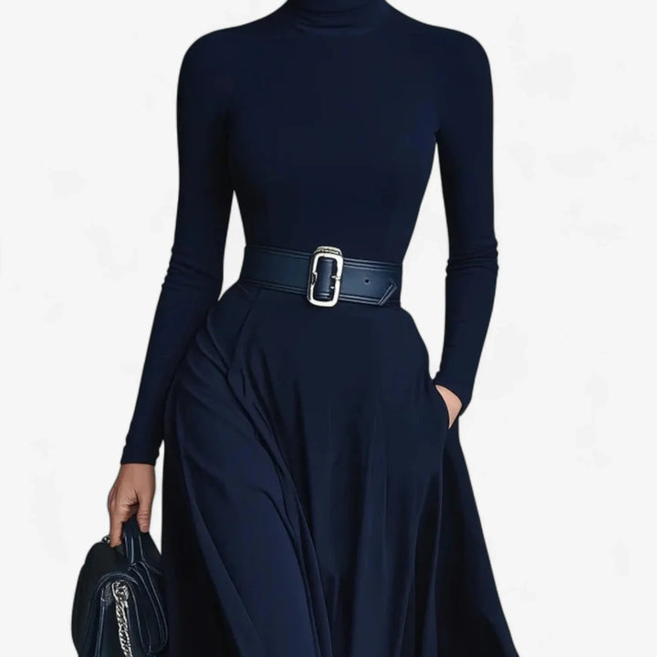 Versatile women's elegant high-neck maxi dress with flowy A-line skirt, long sleeves, and chic belted waist.