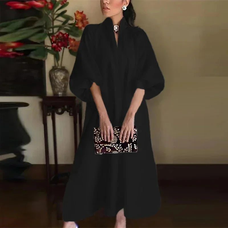 Women's loose fit maxi dress featuring a chic high-neck and stylish balloon sleeves, ideal for summer elegance.