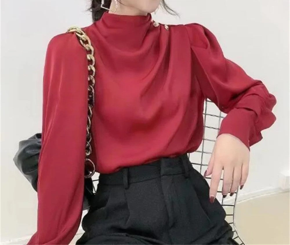 Fashionable women's elegant relaxed fit high-neck long-sleeve blouse, a versatile stylish top.