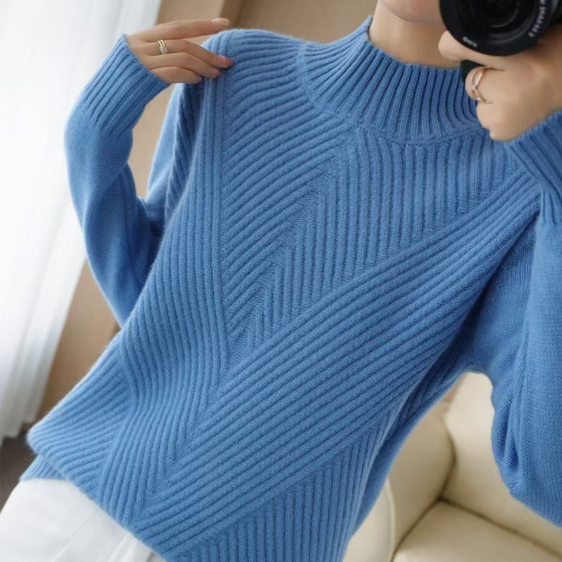 Chic women's high neck sweater, a cozy wardrobe essential for fall and winter. Stylish, comfortable long sleeve top.
