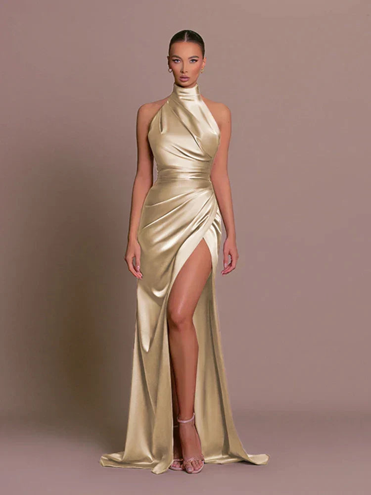 Elegant & glamorous women's high-slit maxi dress, a formal long gown for evening wear & special occasions.