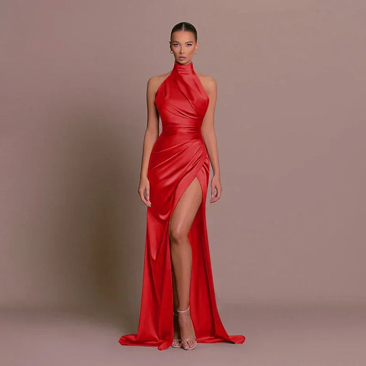 Long women's formal evening dress, elegant high-slit maxi gown for glamour & special occasion parties.