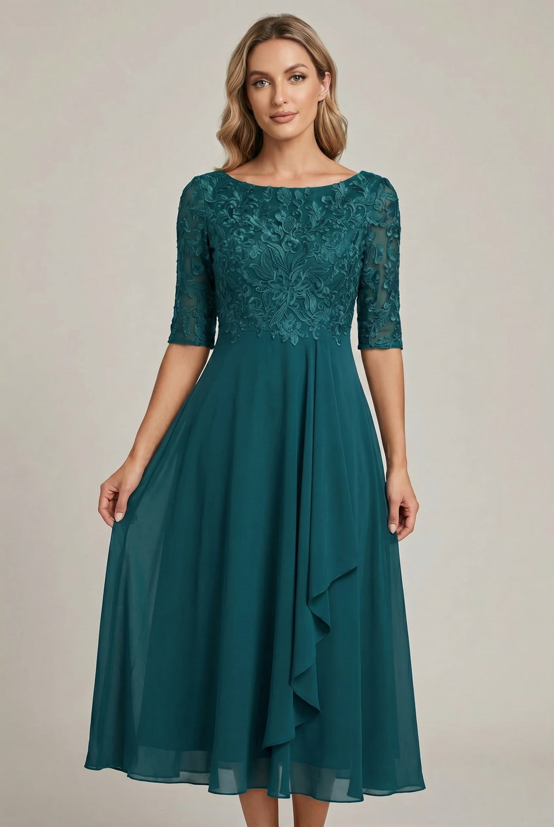 Elegant women's high waist flared midi dress with flowy skirt. Ideal for comfortable and stylish everyday wear.
