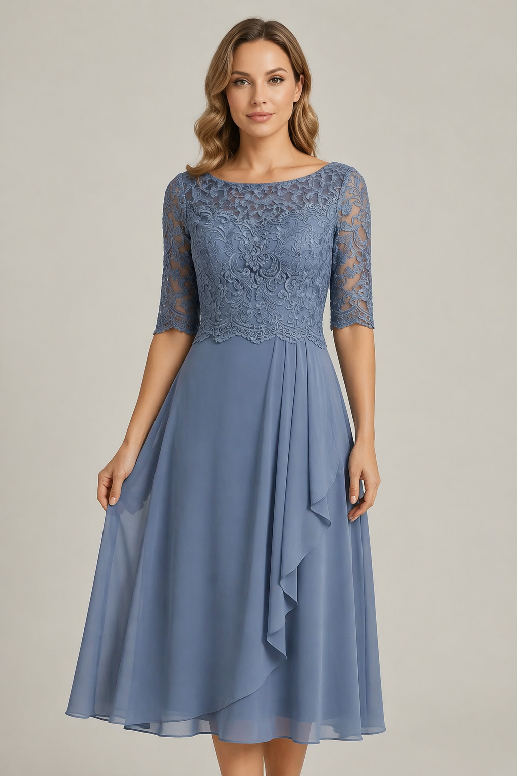Stylish women's high waist flared midi dress. Sophisticated comfort for effortless style and all seasons.