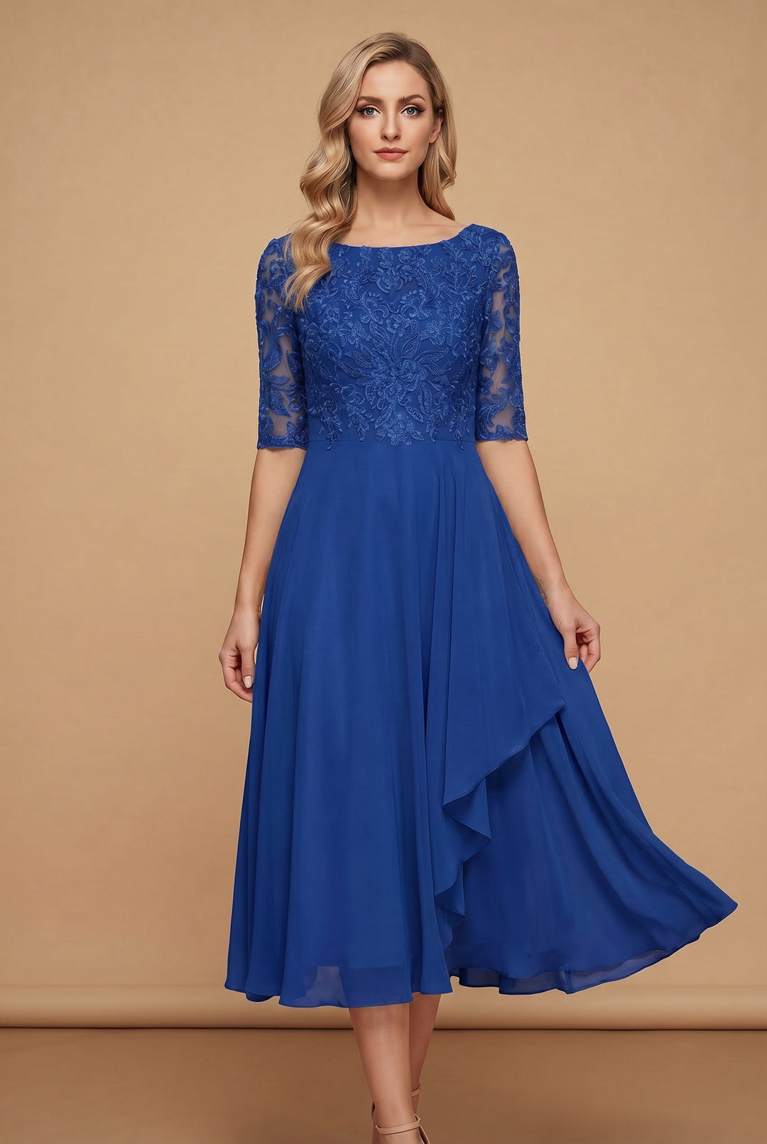 Navy blue women's elegant high waist flared midi dress. Versatile & comfortable for any occasion.