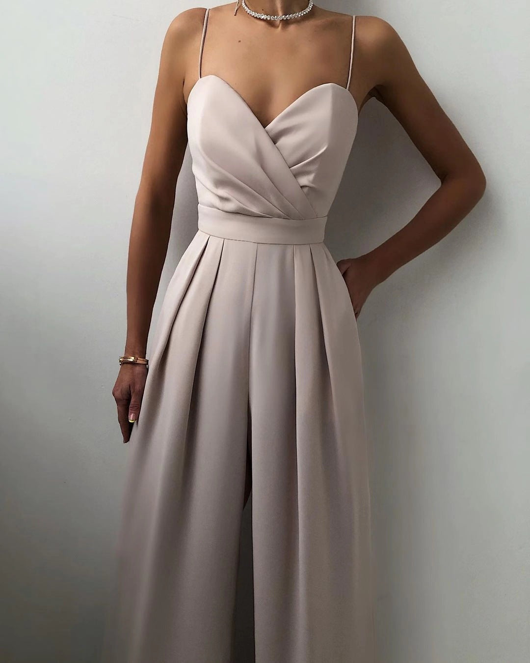 Flattering fit women's romper with an elegant sweetheart neckline and high waist for summer fashion.