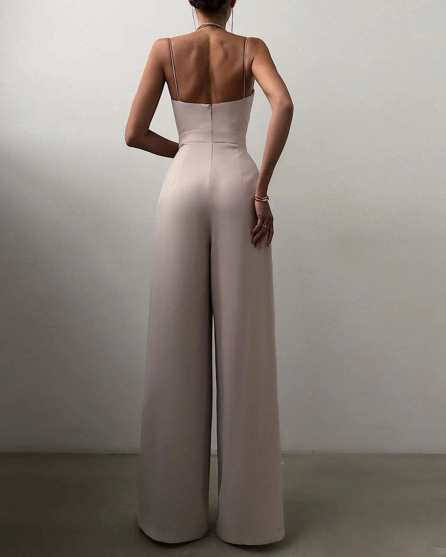Versatile women's high-waist jumpsuit with a sweetheart neckline, great for casual or formal attire.