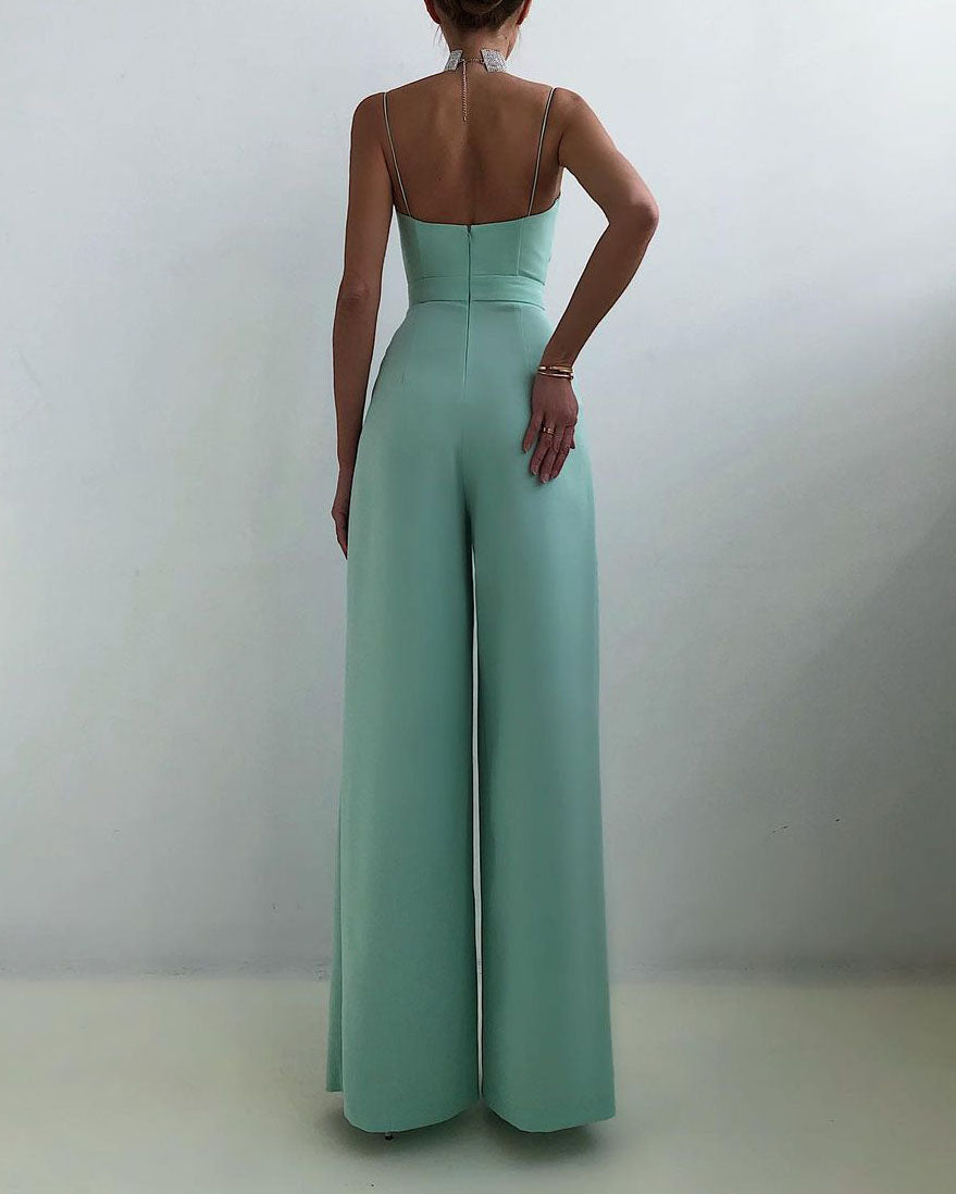 Sophisticated women's overall with a flattering high-waist design and sweetheart neckline.