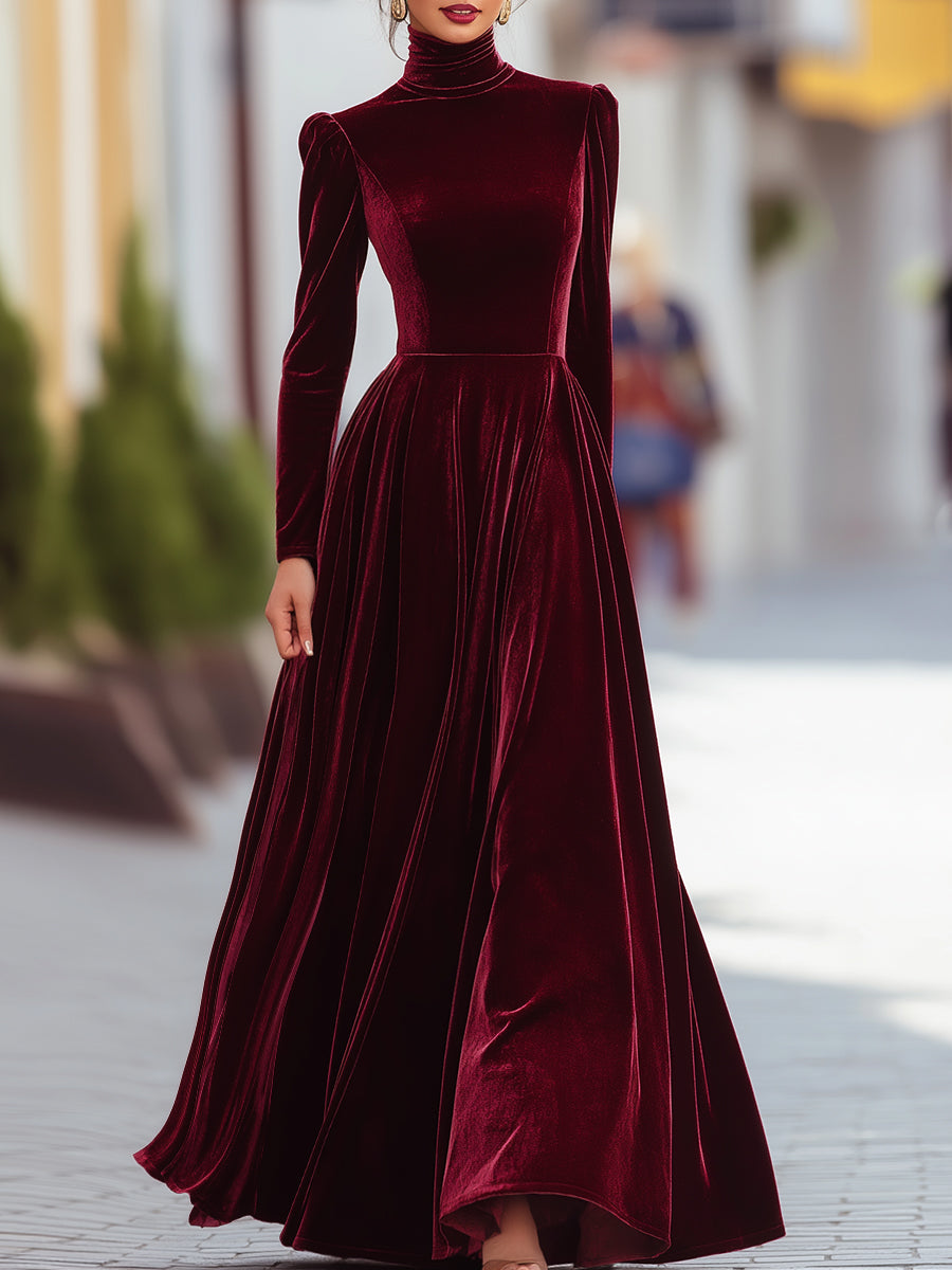Elegant Women's high waist pleated mock neck longline maxi dress. Perfect for formal and special occasions.
