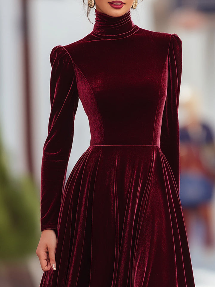 Chic women's long sleeve mock neck pleated dress. Ideal formal occasion wear & evening gown.