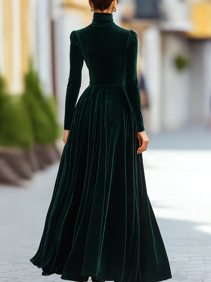 Classy women's long sleeve mock neck pleated maxi dress, an elegant choice for formal wear.