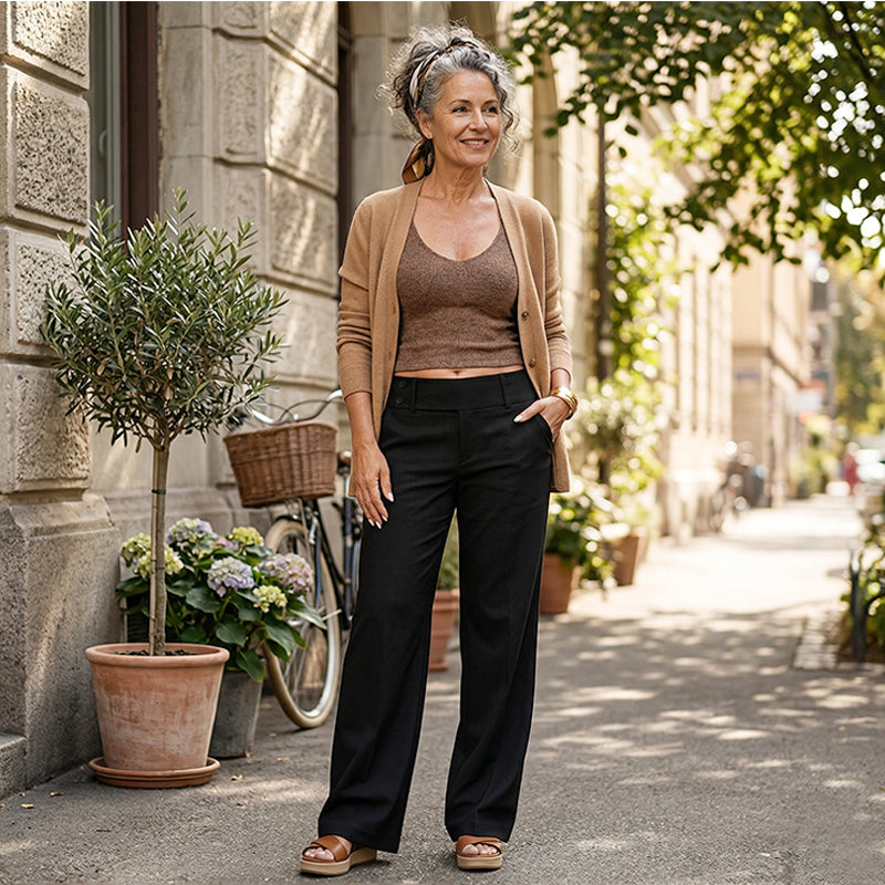 Elegant women's high waist tailored wide leg trousers. Smart casual suit pants for fashion-forward office wear.