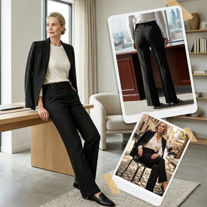 Stylish women's tailored wide leg trousers, high waist fit. Flared office pants for a chic, professional look.
