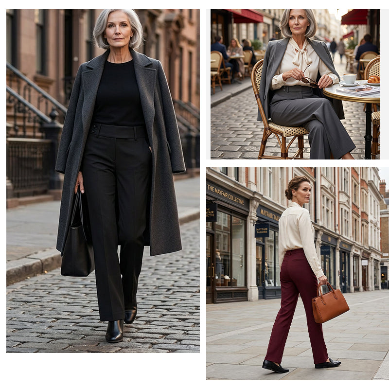Perfectly tailored high waist wide leg trousers for women. Comfortable & elegant office wear or smart casual fashion.