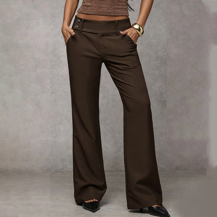 Back view of comfortable women's high-waist wide-leg flared trousers, versatile and chic.