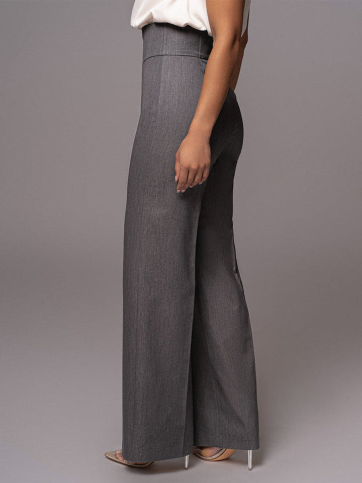 Tailored high waist wide leg women's trousers, offering a classic fit for modern elegance.