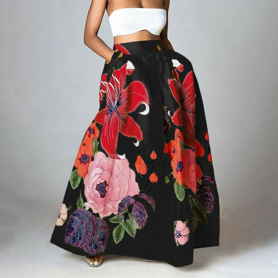 Elegant women's high-waisted floral maxi skirt, perfect for summer vacation or casual wear.