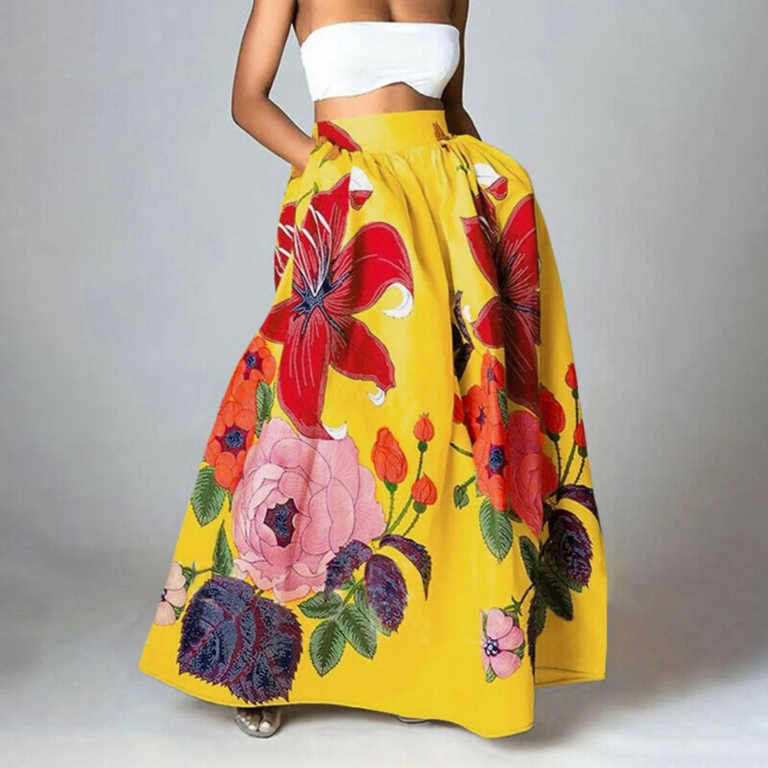 Flowy full swing women's maxi skirt with vibrant floral print, ideal for elegant summer fashion.