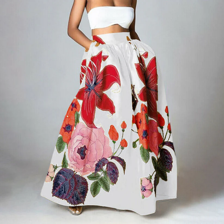 High-waisted women's long floral print skirt, elegant and flowy for summer fashion.