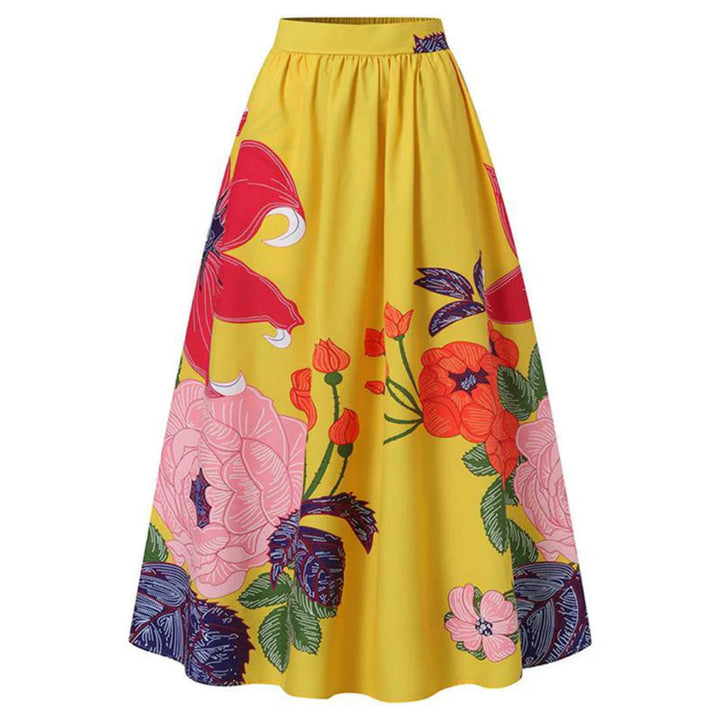 Women's high-waisted floral print maxi skirt, elegant full swing style for summer and vacation fashion.