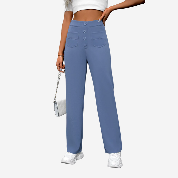 Comfortable women's high-waisted straight-leg trousers, offering a relaxed yet refined fit for all-day ease.