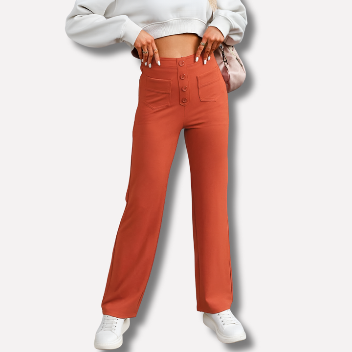 Modern women's high-waisted straight-leg fashion trousers, elevating your style with timeless elegance.